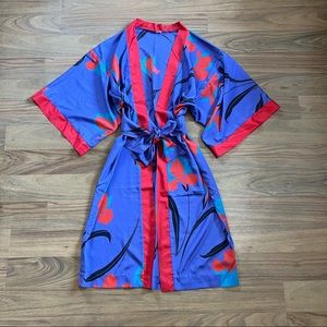Vintage Purple Floral 1980’s Satin Lounging Robe With Belt Women’s Medium